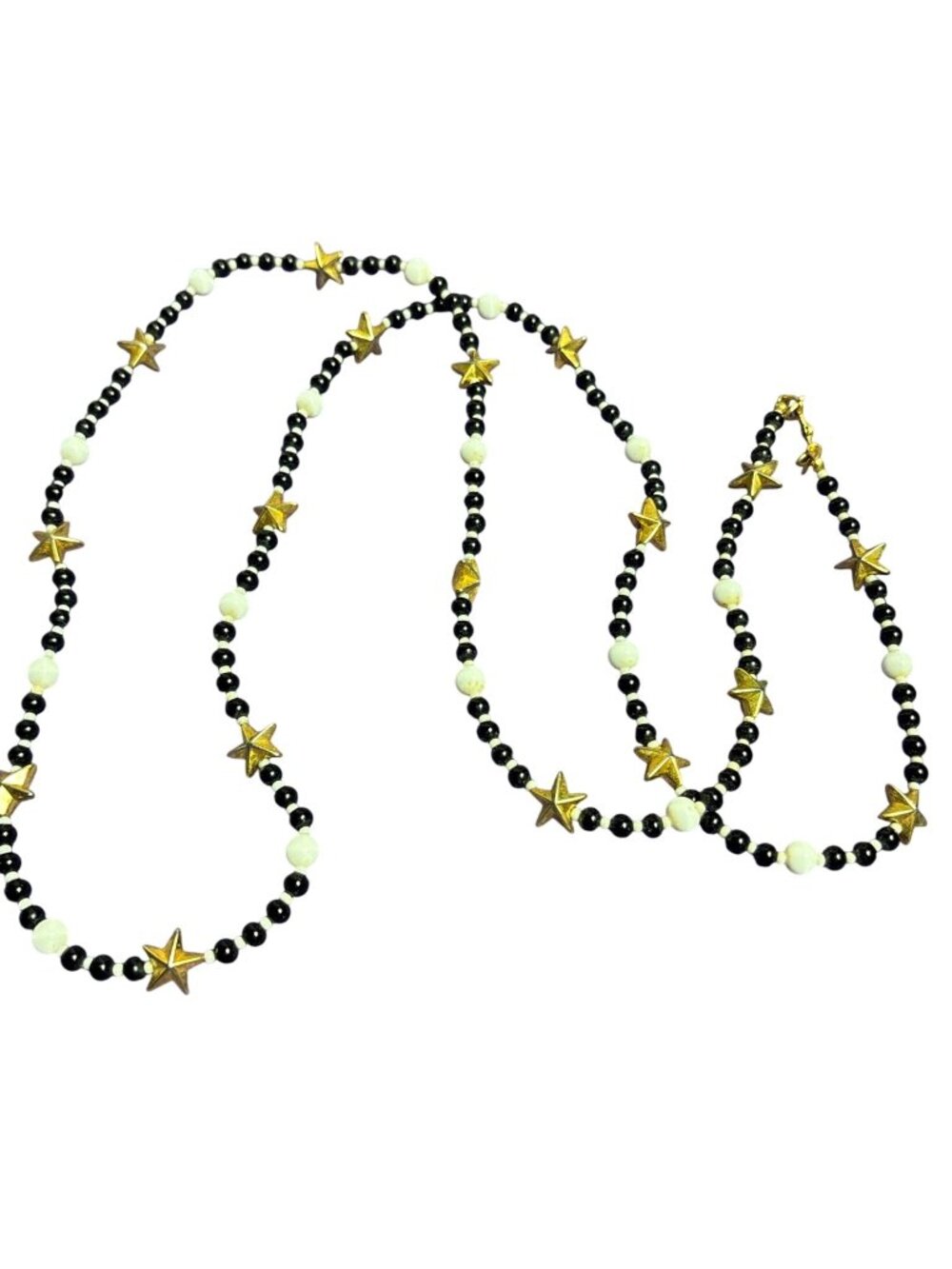 Vtg Monet Black and White Glass Beaded Necklace Goldtone Stars Celestial 36 inch